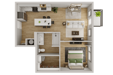 Floor plan for 1 bed, 1 bath, 764 sqft